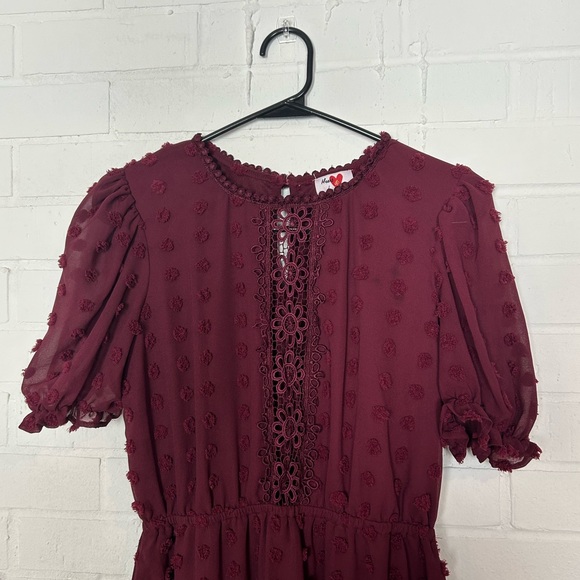 Heart & Heels Burgundy Textured Dress with Puff Short Sleeves - Picture 2 of 6